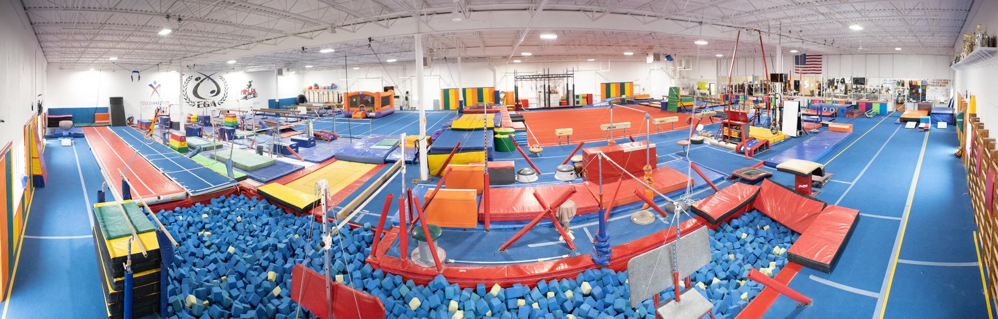 Panoramic view of Elite Gymnastics Academy's 26,000 sq ft gym floor